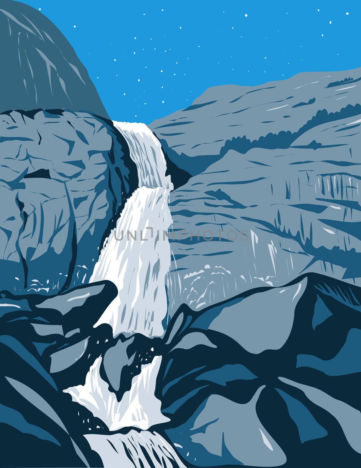 Wapama Falls in Northern Wall of Hetch Hetchy Valley in Sierra Nevada Within Yosemite National Park California USA WPA Poster Art by patrimonio