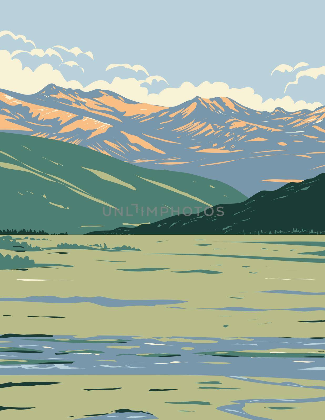Tower-Roosevelt and the Lamar Valley with the Lamar River Flowing Located In Yellowstone National Park Teton County Wyoming USA WPA Poster Art by patrimonio