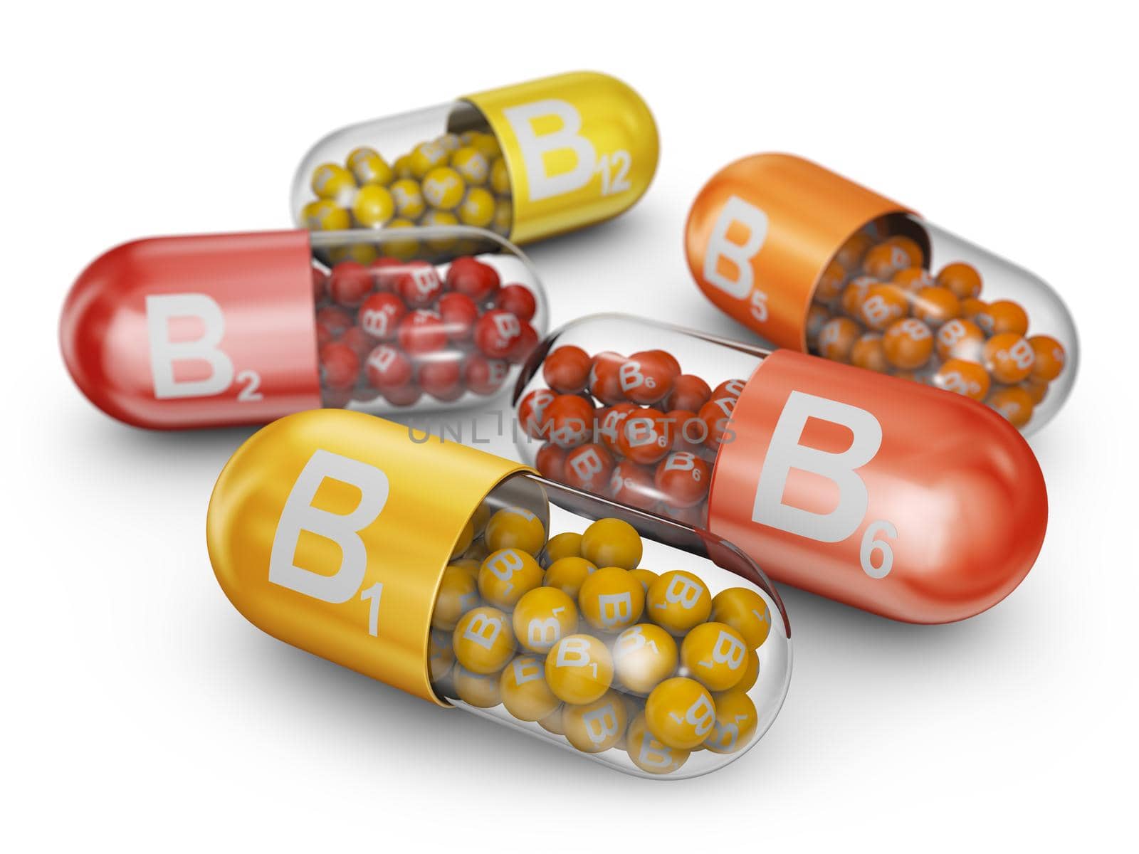 Close up capsules filled with B vitamins. 3D render.