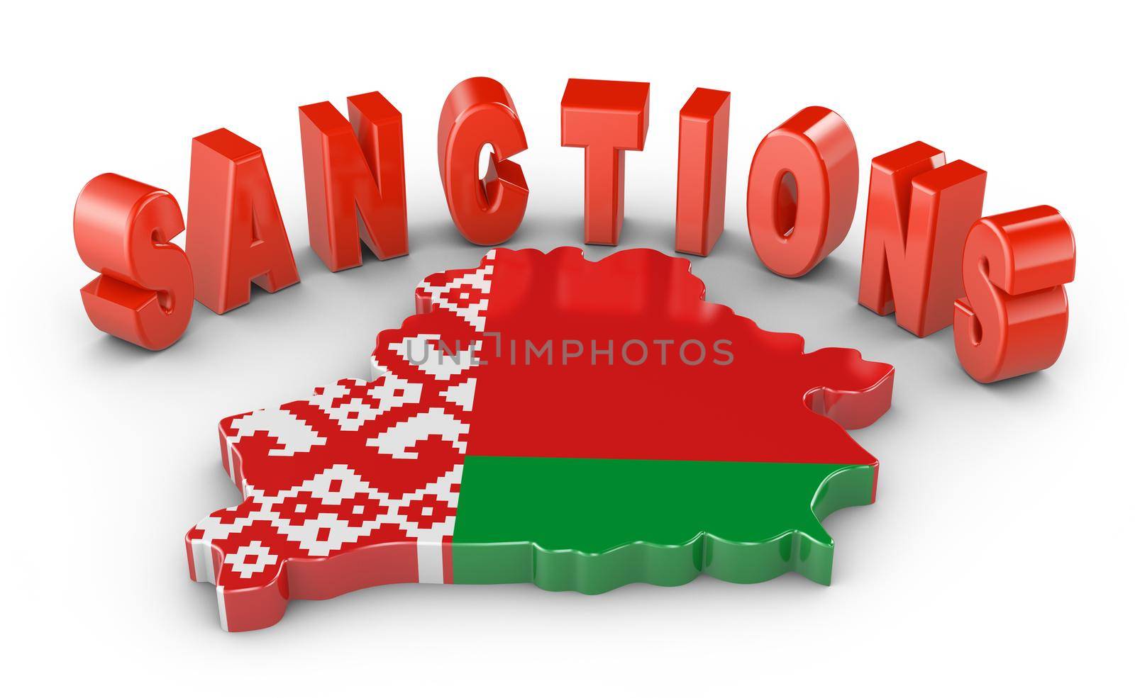 Volumetric map of Belarus with the flag and volumetric inscription of the sanctions. 3d render