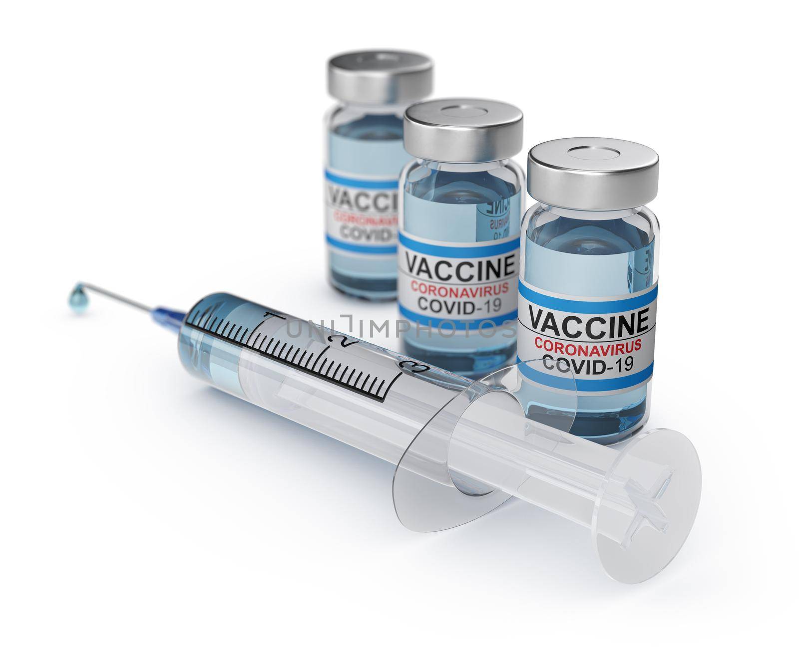 Coronavirus vaccine vials and syringe. 3D rendering