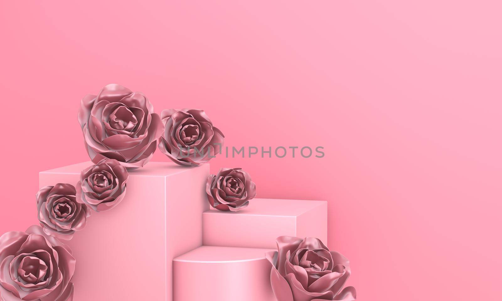 Abstract pink geometric podium decorated with rose flowers for mockup. 3d render.