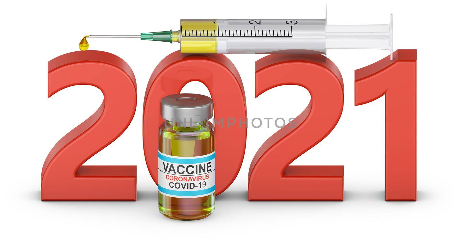 Volumetric text 2021 with a syringe and a bottle of COVID 19 vaccine. 3D render