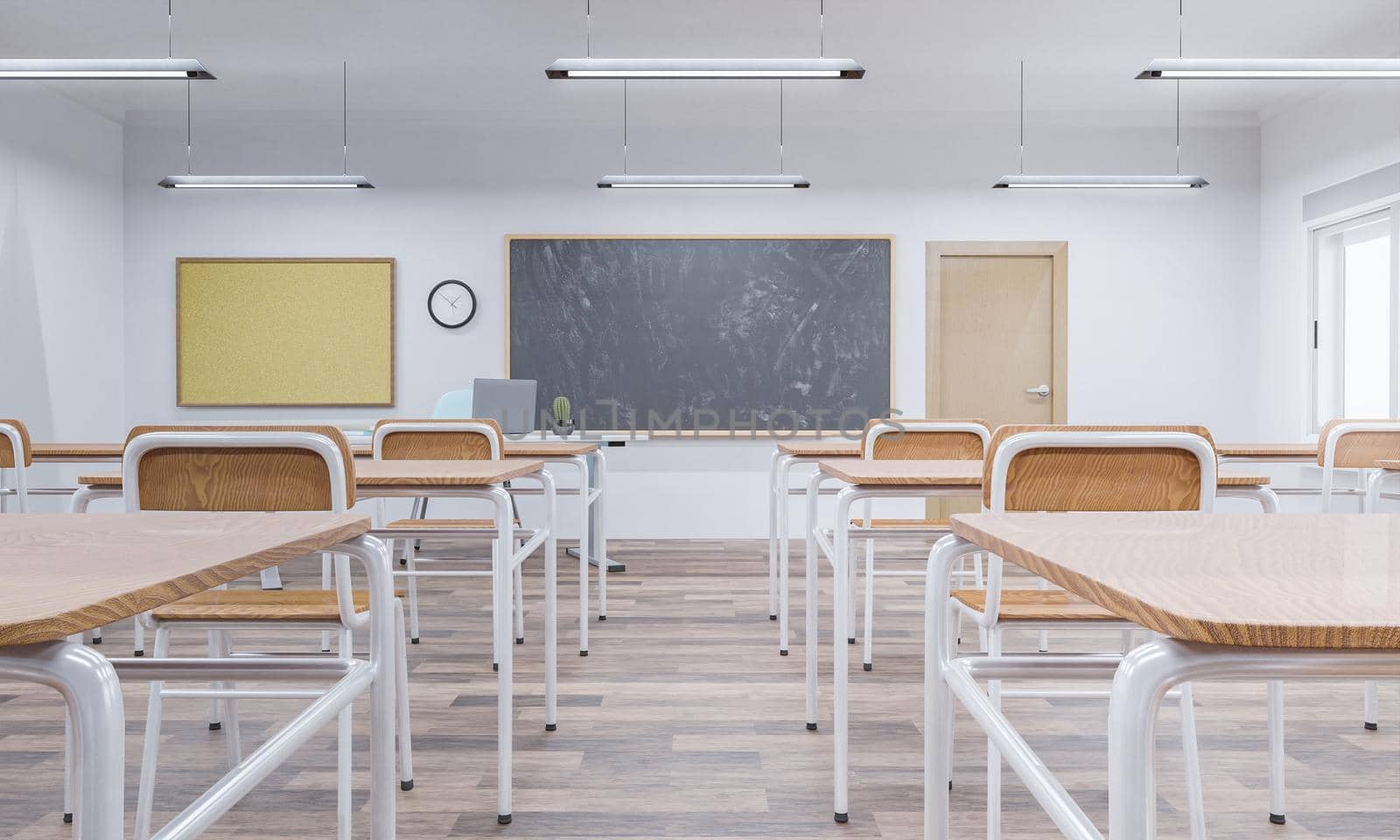 interior of a school classroom with wooden desks and blackboard in the background. concept of education and back to school. 3d rendering