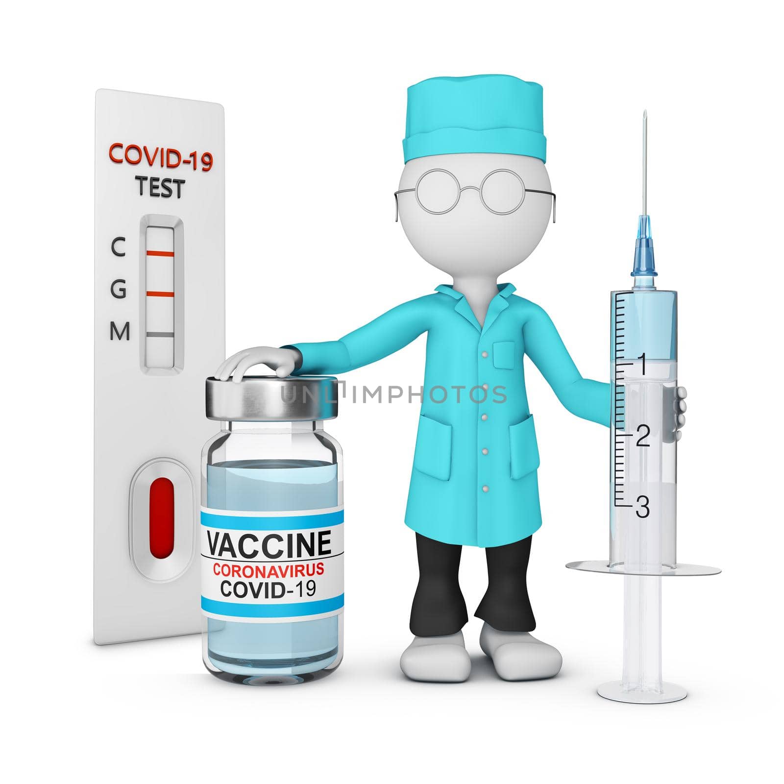 A doctor in a lab coat with a syringe and a vaccine stands next to an express test for coronavirus. 3D rendering.