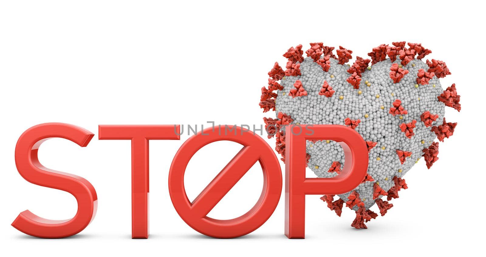 Coronavirus in the shape of a heart next to the voluminous text STOP. 3D rendering.