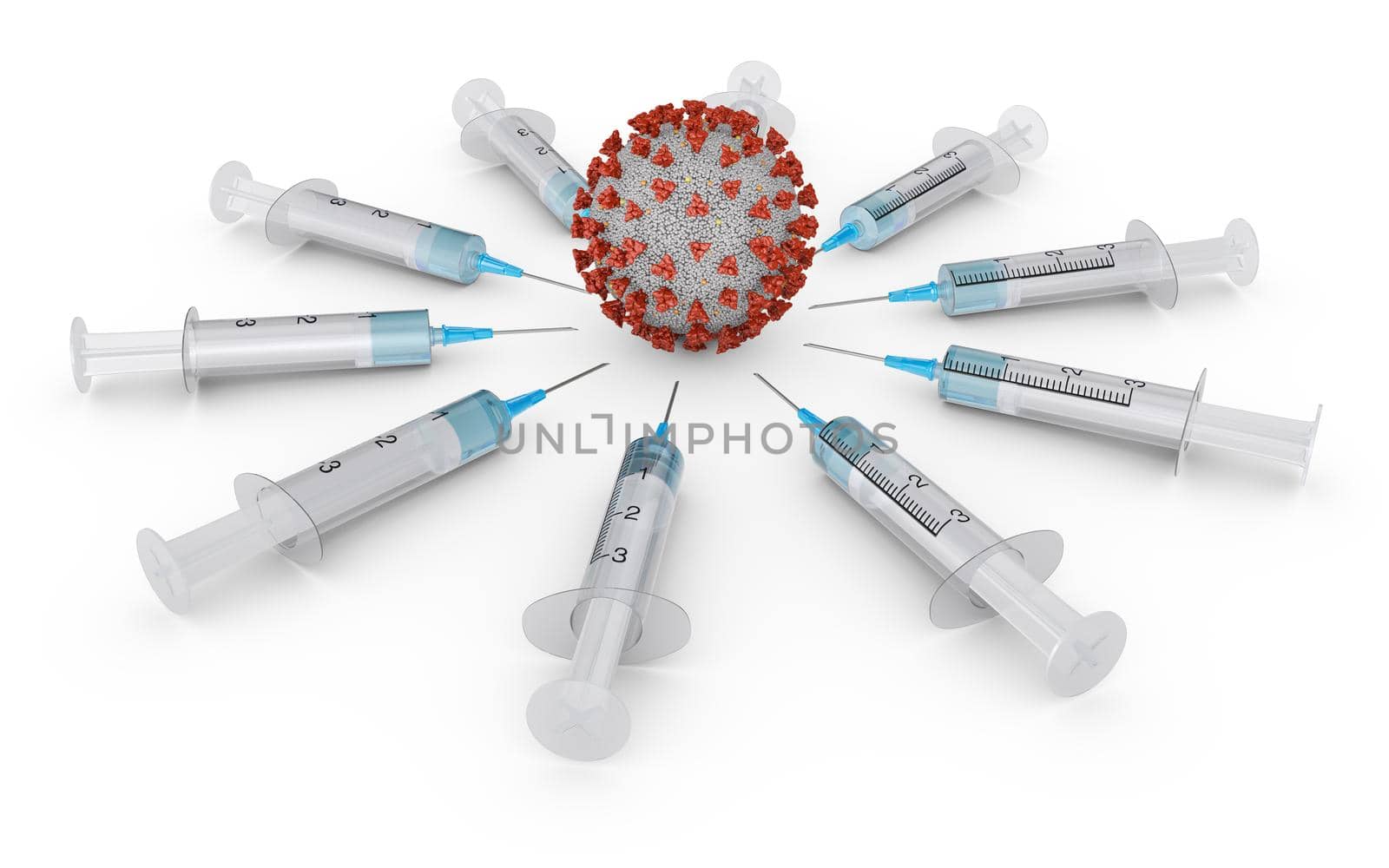 The coronavirus surrounded by syringes. 3D rendering