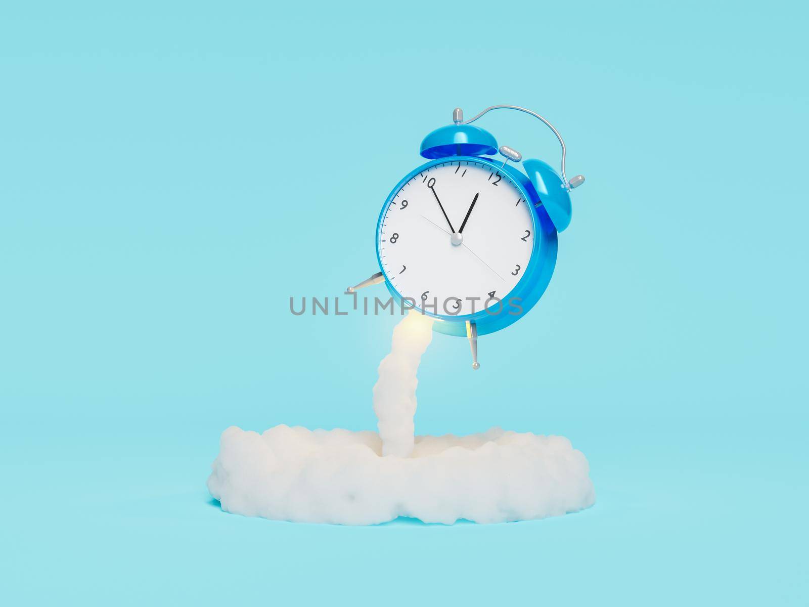 alarm clock rocket taking off with smoke coming out of it. minimal concept of time flies. 3d rendering