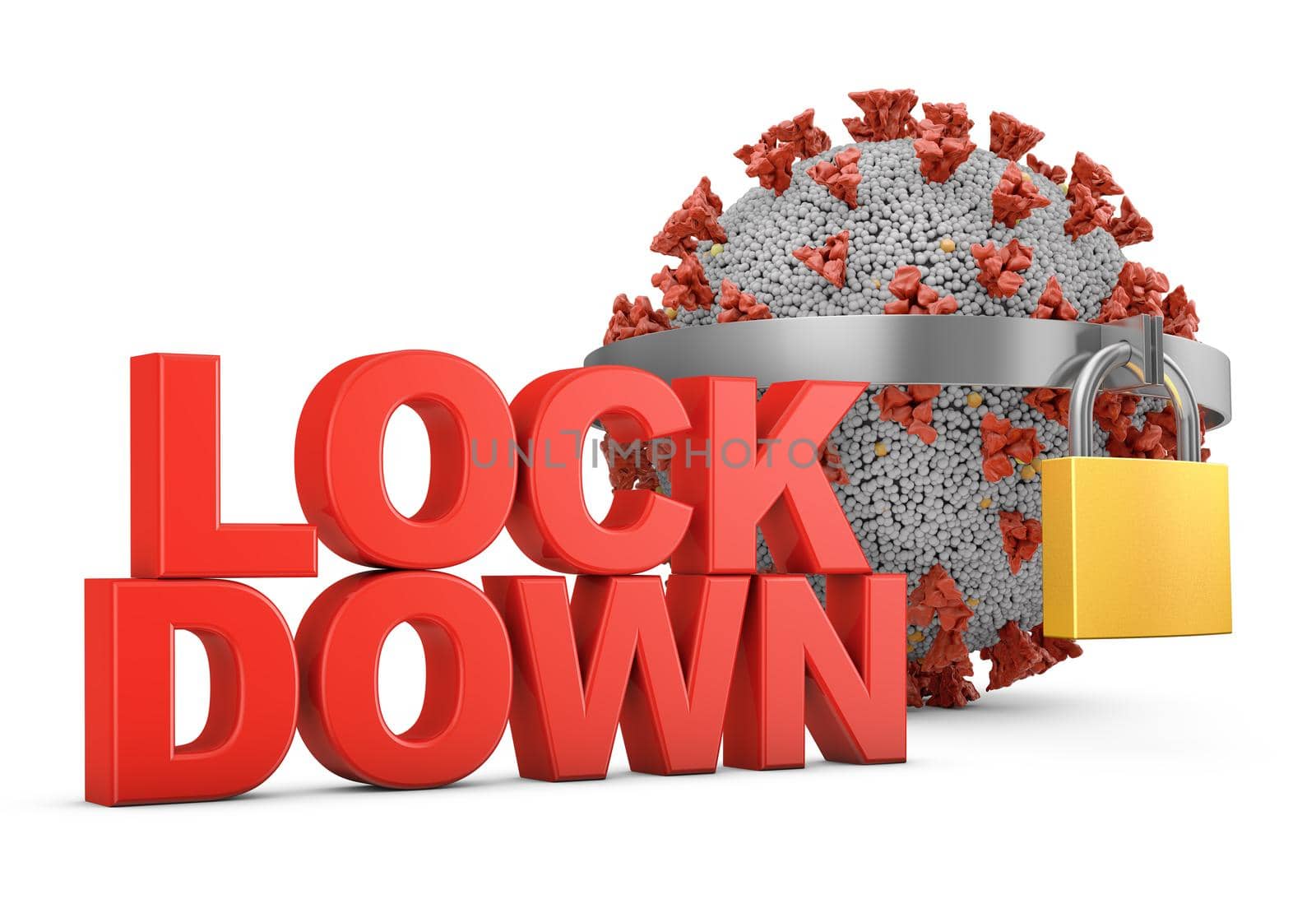 Volumetric red text LOCKDOWN on the background of the coronavirus with a lock. 3d rendering