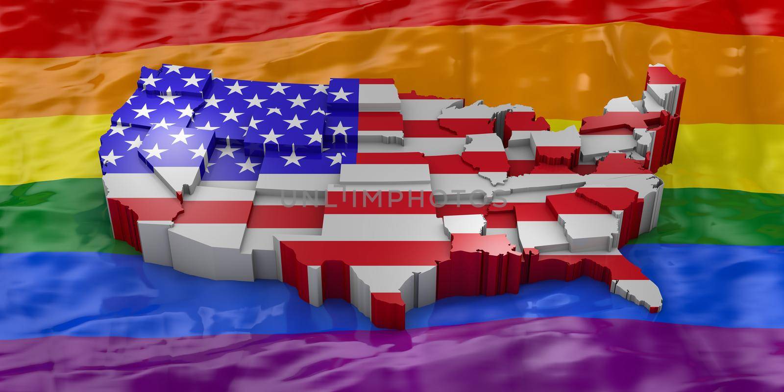 map and USA flag on the background of the flag of the LGBT community. 3d render.