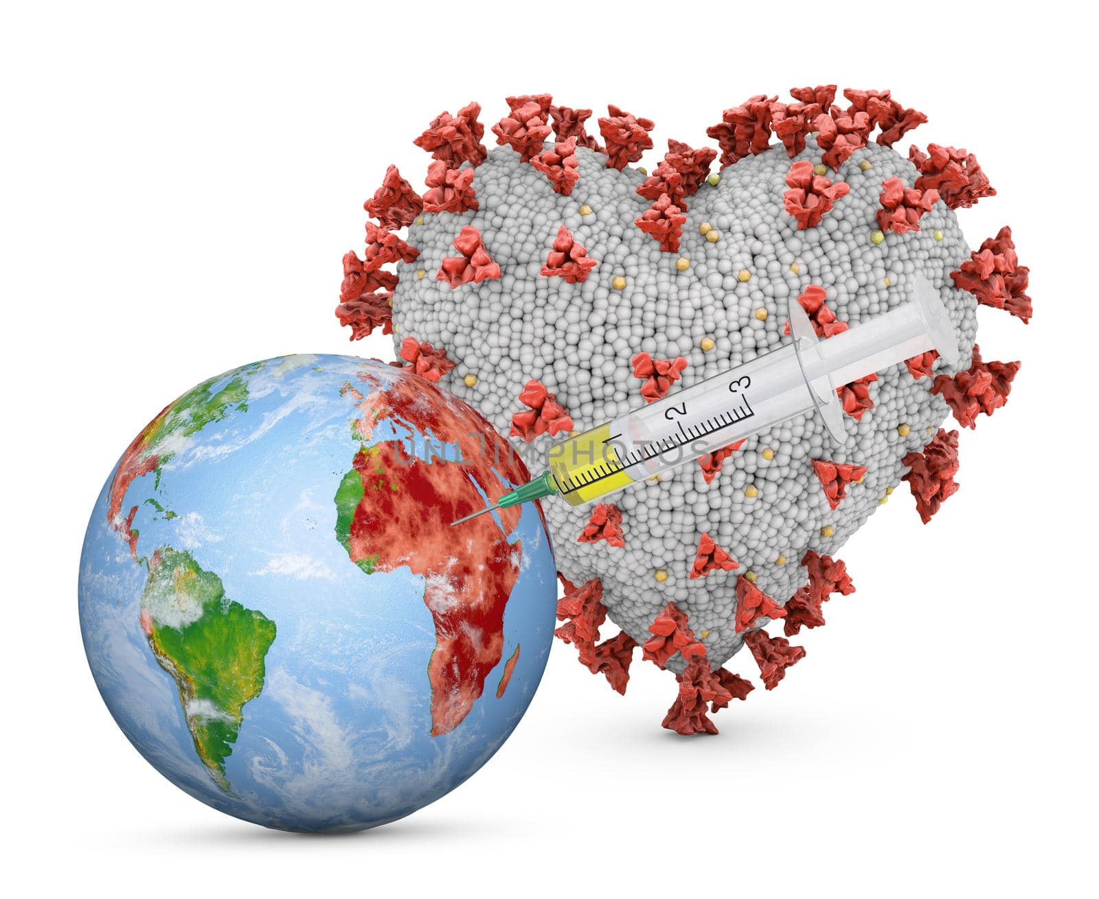 Globe with a syringe next to the coronavirus in the shape of a heart. 3D rendering. Elements of this image furnished by NASA.