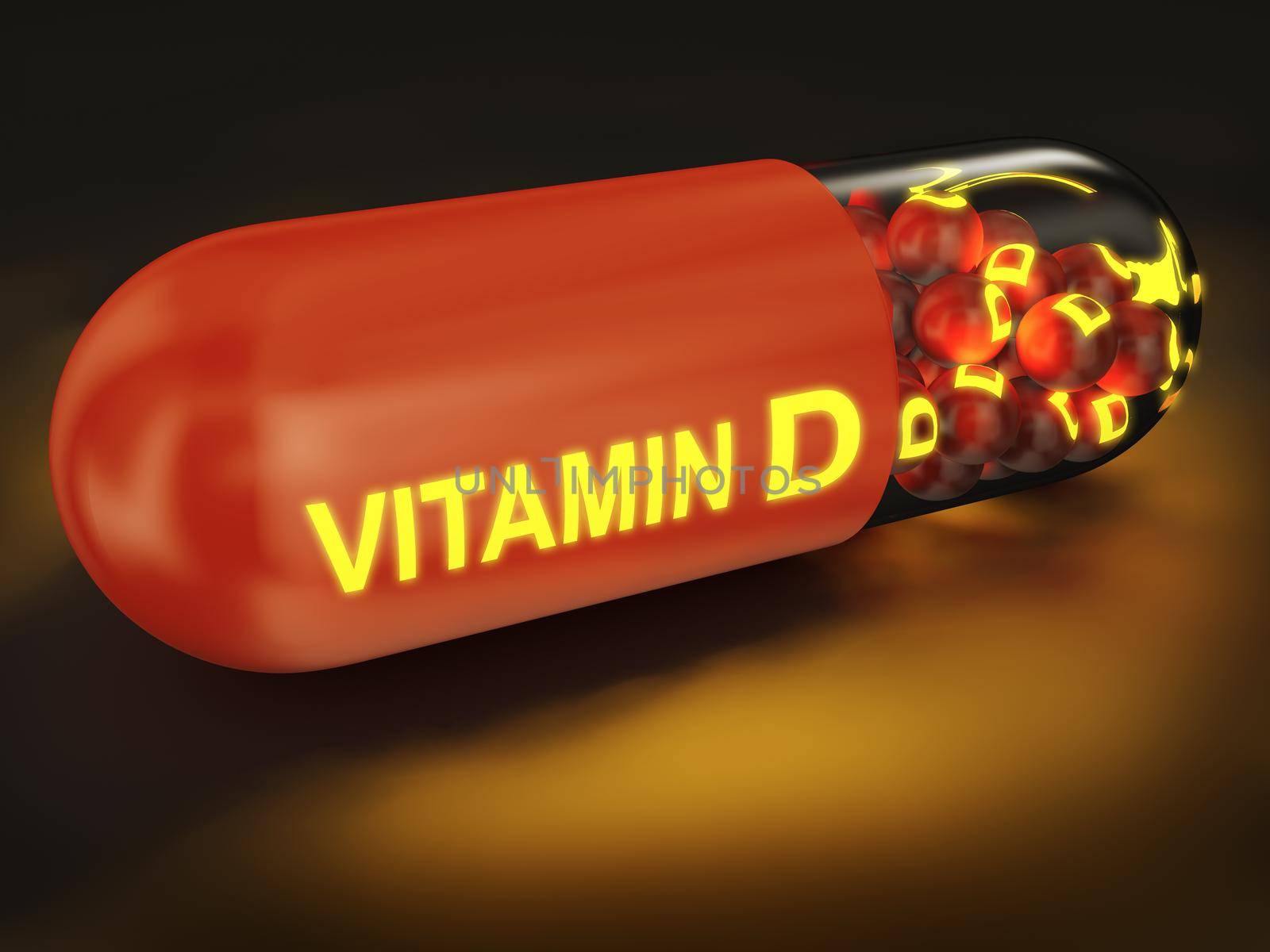 Capsule with glowing inscription vitamin D. 3D render.