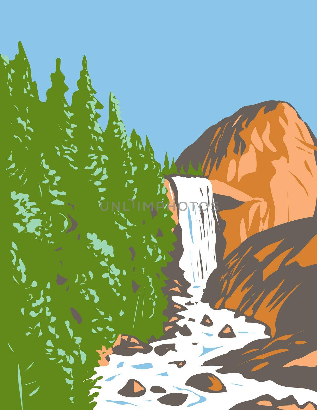 WPA poster art of Vernal Fall on the Merced River just downstream of Nevada Fall within Yosemite National Park, California USA done in works project administration style or federal art project style.
