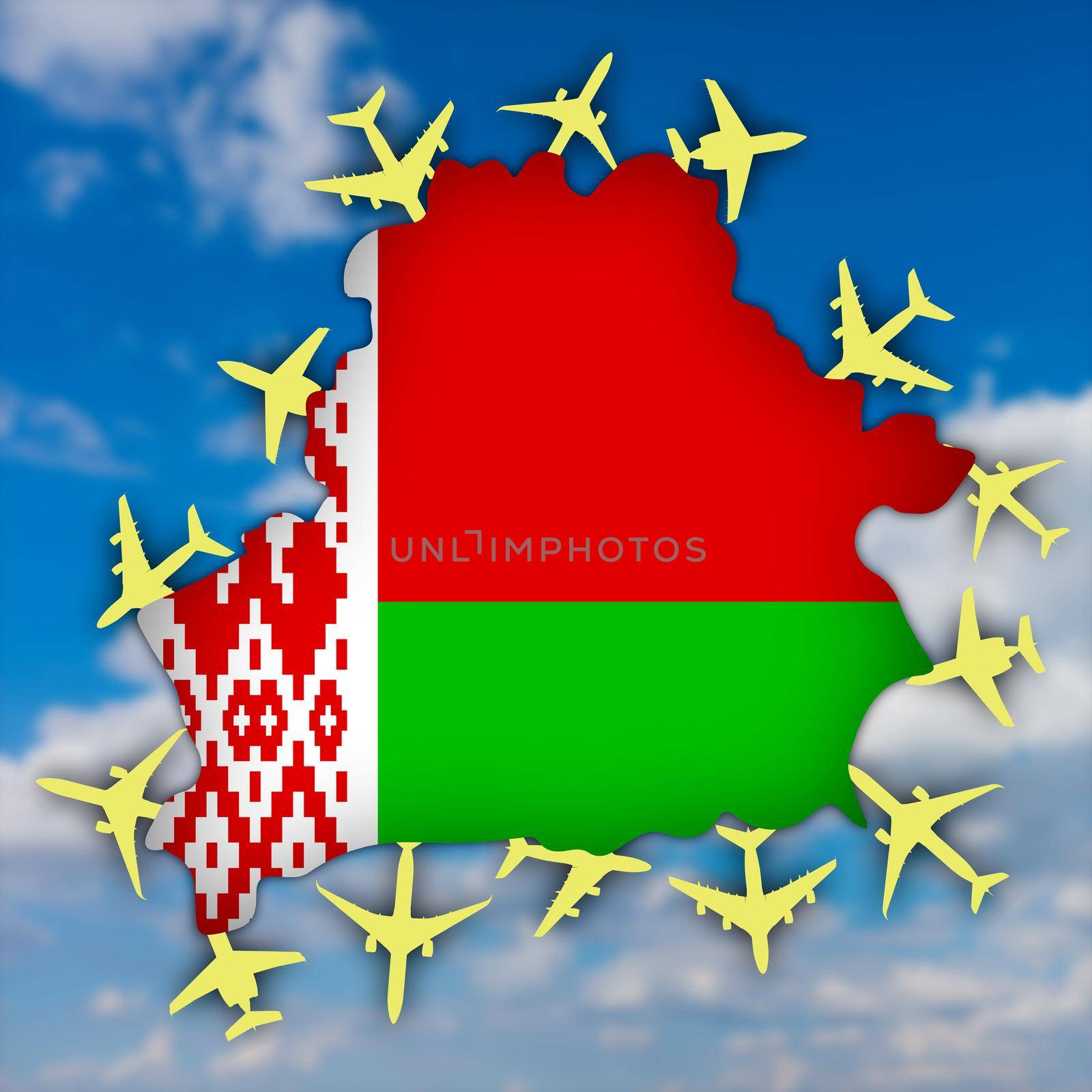 contour map and flag of Belarus surrounded by yellow planes on a background of the sky.