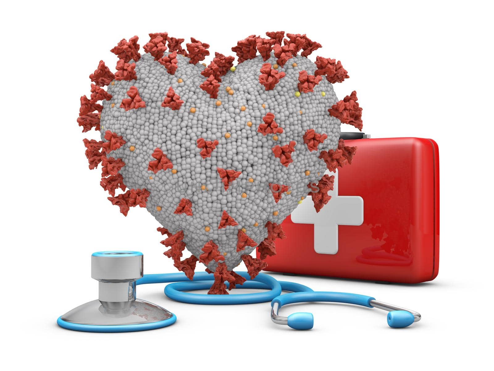 Coronavirus in the shape of a heart next to a stethoscope and a red suitcase. 3D rendering.