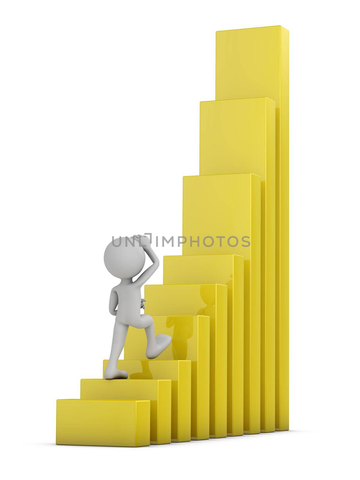 man walking up the yellow columns in the chart. 3d render.