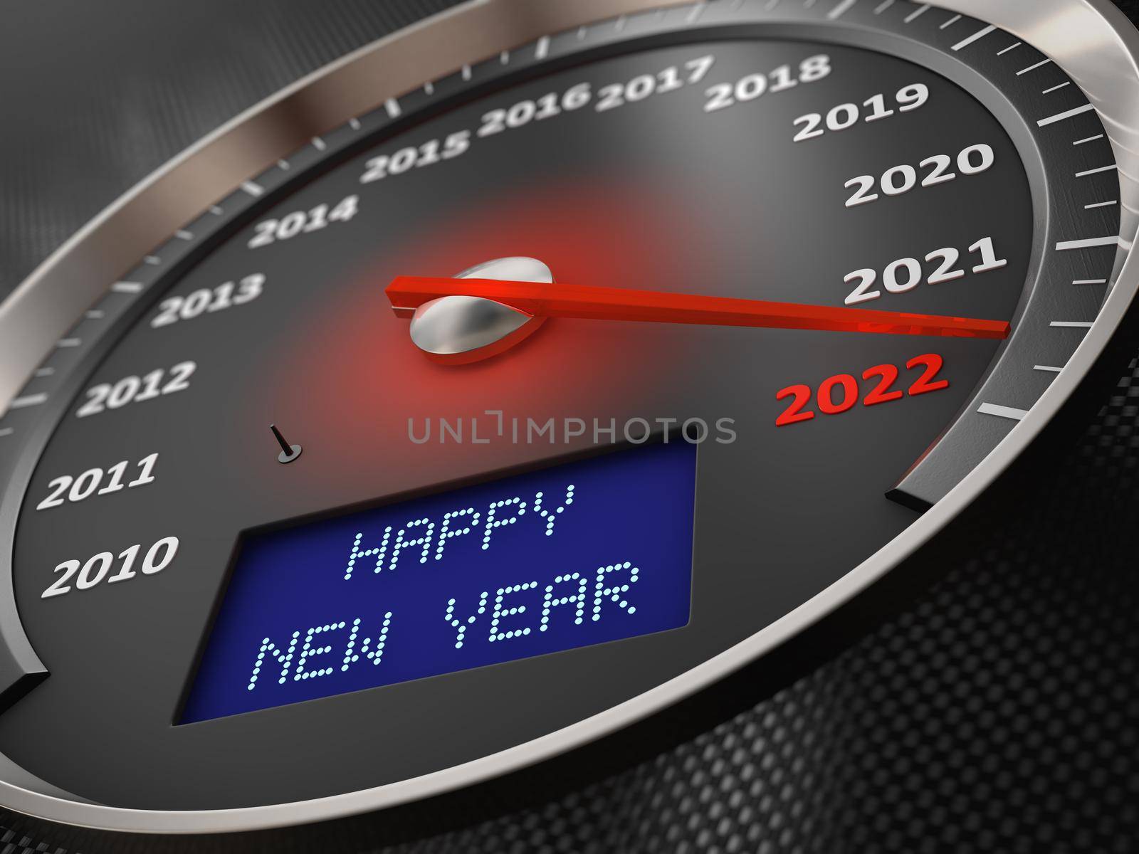 The speedometer indicates 2022 and the inscription on the screen: Happy New Year. 3d render