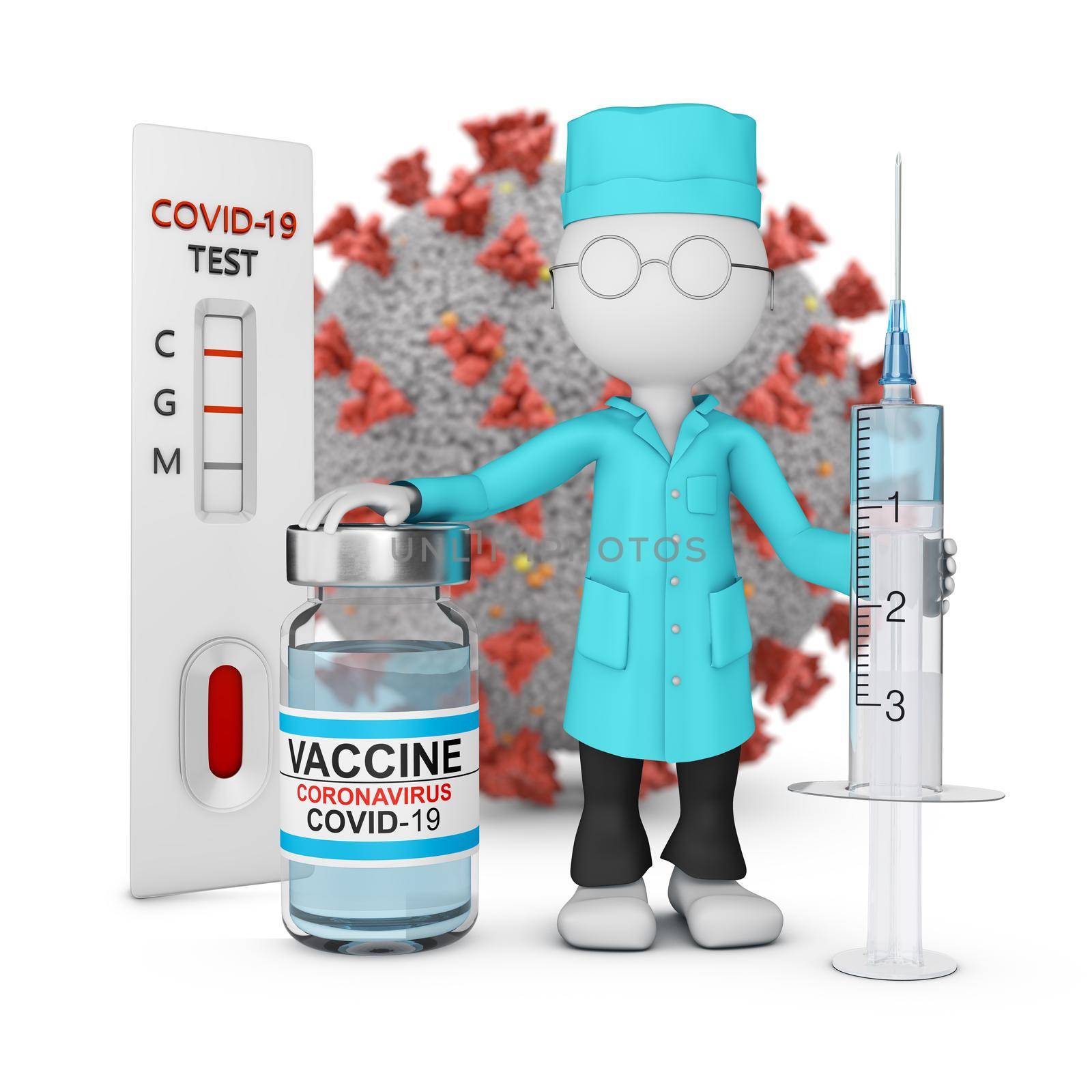 A doctor in a lab coat with a syringe and a vaccine stands next to an express test against the backdrop of a coronavirus molecule. 3D rendering.