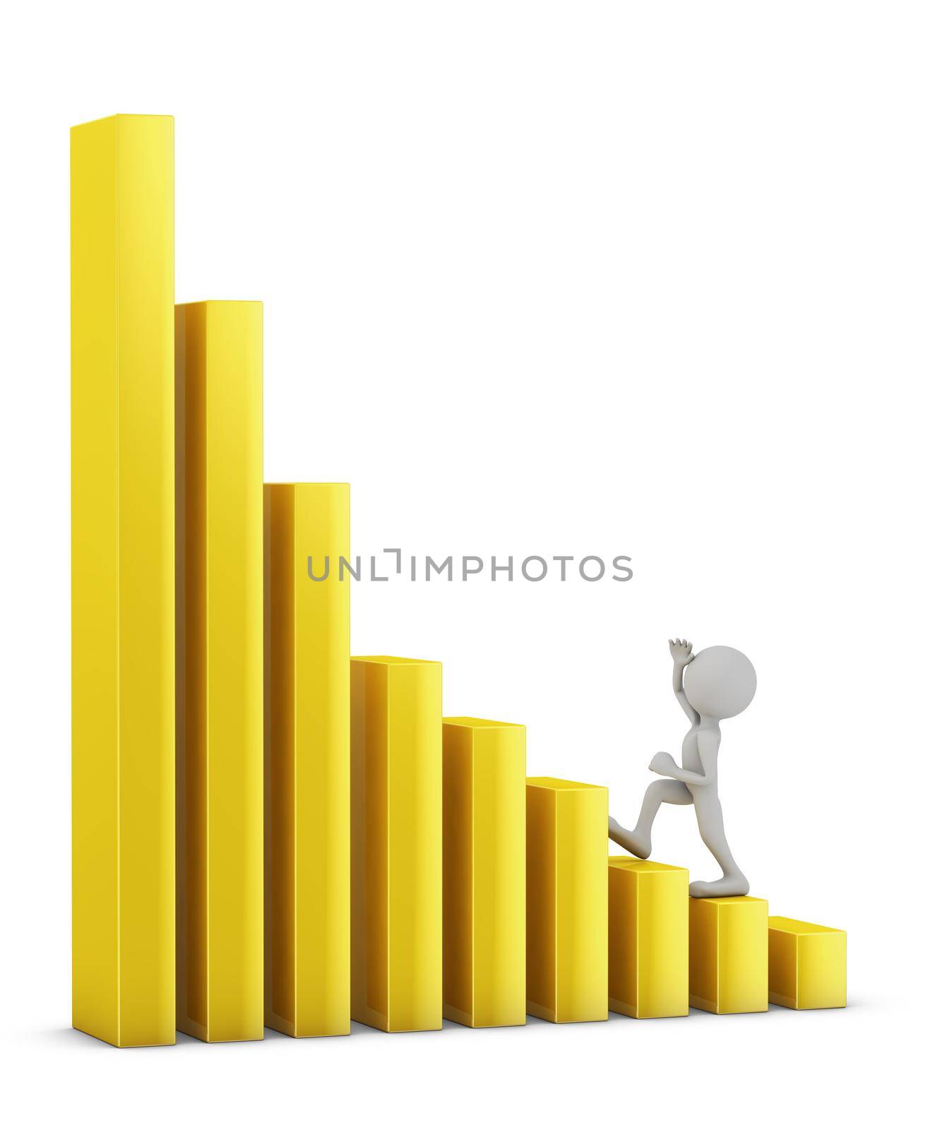 man walking up the yellow columns in the chart. 3d render.