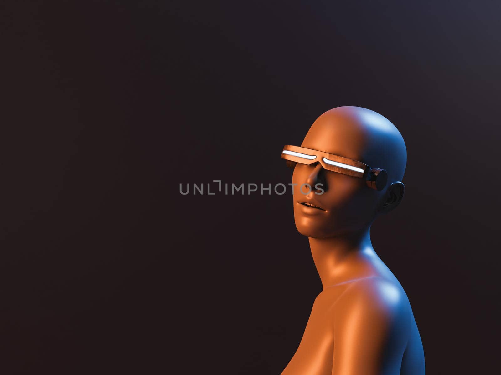 portrait of a character with futuristic glasses and neon lighting on a dark background. 3d rendering