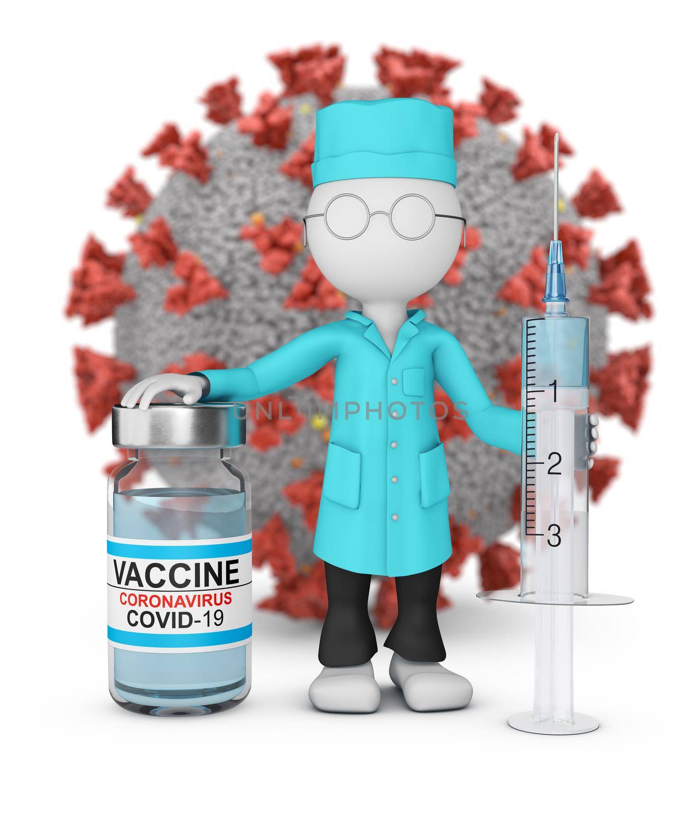 A doctor in a lab coat with a syringe and a vaccine stands against the backdrop of a coronavirus molecule. 3D rendering.