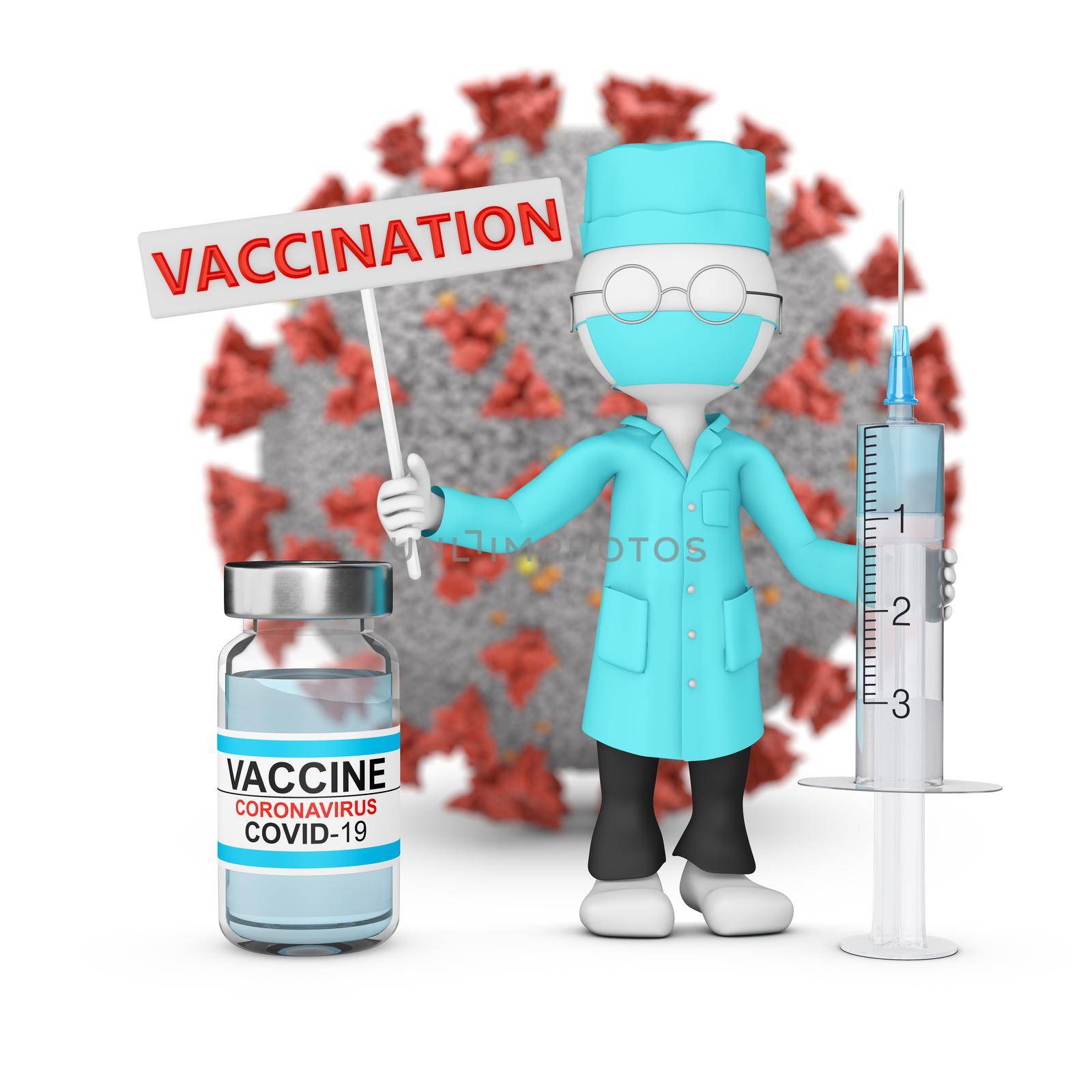 A doctor in a lab coat with a syringe stands next to a bottle of vaccine against the backdrop of a coronavirus. 3d render.