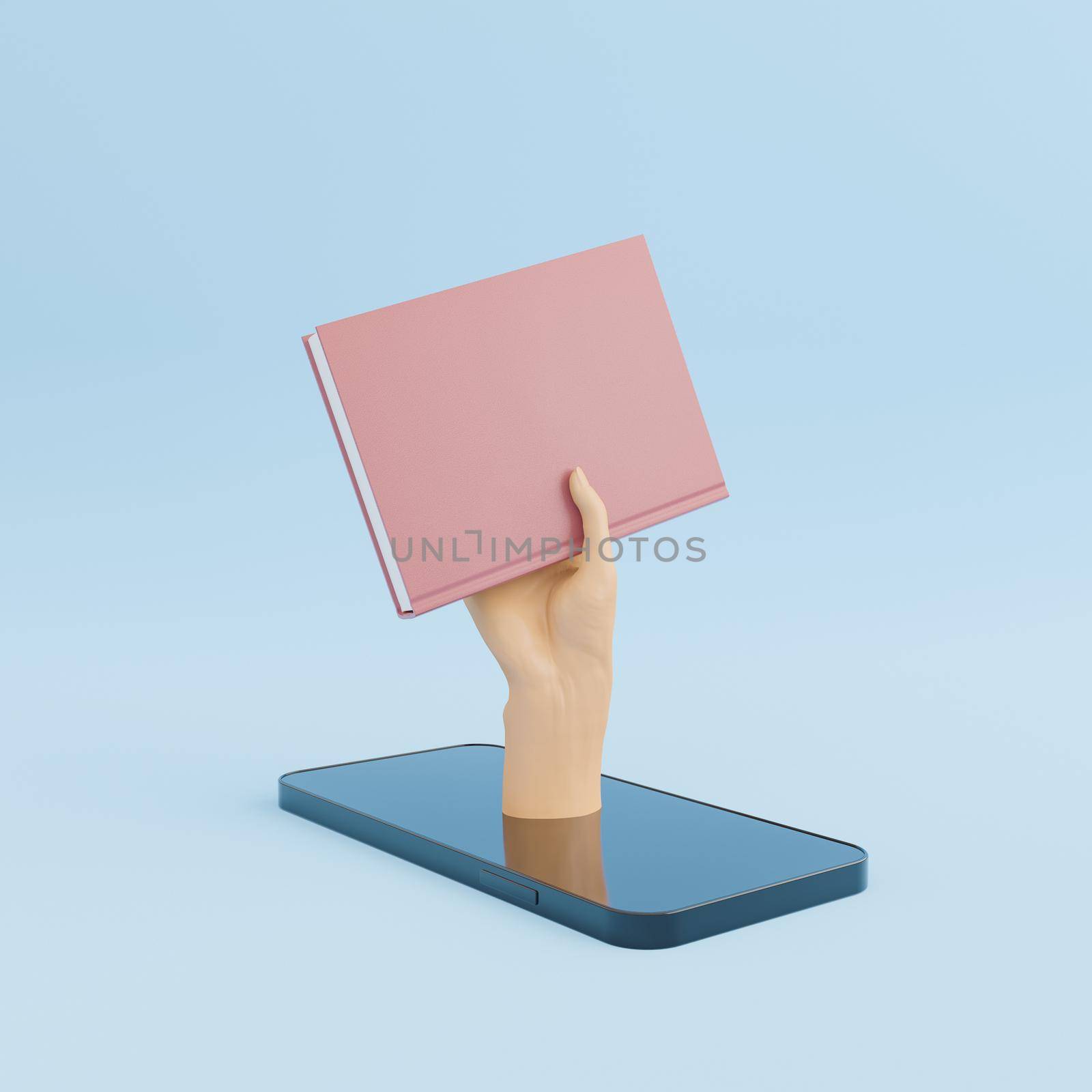 mobile phone with hand holding a book. concept of education, technology and e-book. 3d rendering