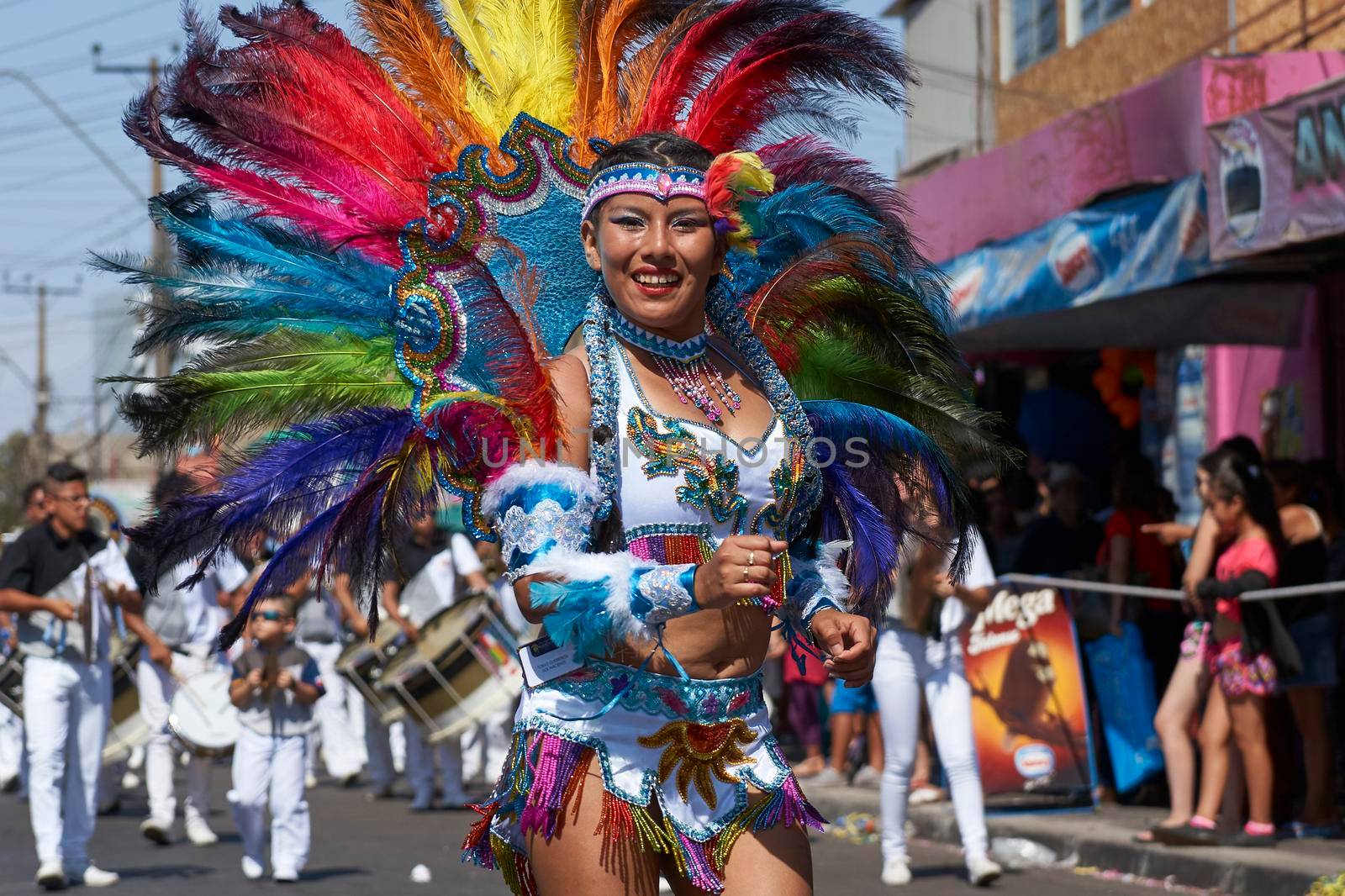 Arica, Chile - January 23, 2016: Tobas dancers in traditional Andean costume performing at the annual Carnaval Andino con la Fuerza del Sol in Arica, Chile.