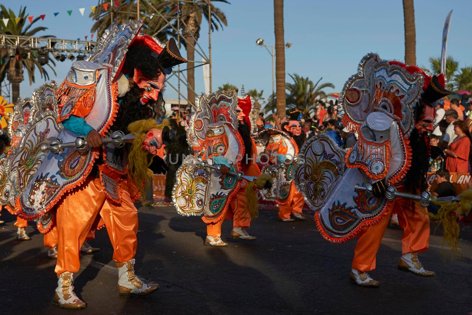Arica, Chile - January 23, 2016: Morenada dance group performing a traditional ritual dance as part of the Carnaval Andino con la Fuerza del Sol in Arica, Chile.