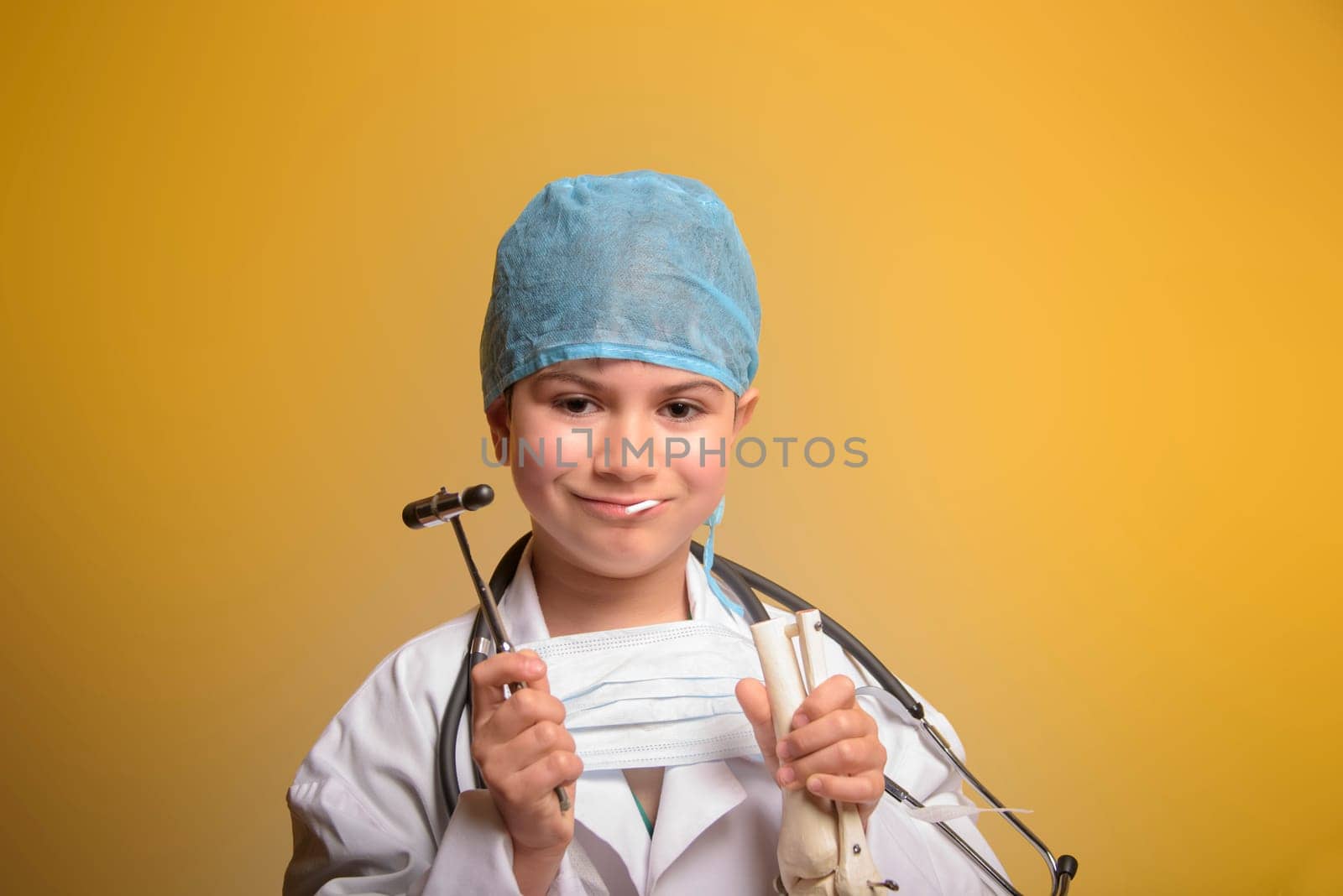 Cute child in doctor coat with stethoscope on color background. Space for text