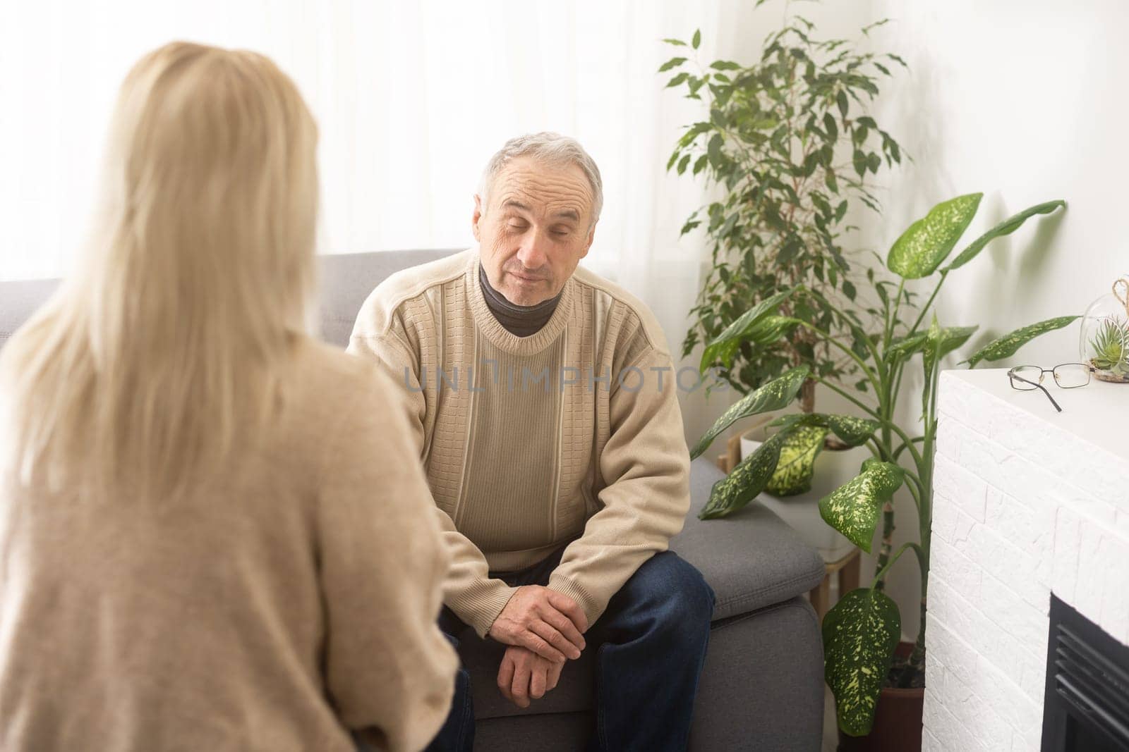 Caregiver psychologist console american senior people for mental health, geriatric psychology, Depressed senior man talking with female psychologist, desperate people, emotions sad, elderly worry,