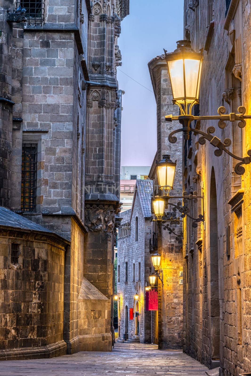 Small alley in the famous Gothic Quarter in Barcelona at dawn