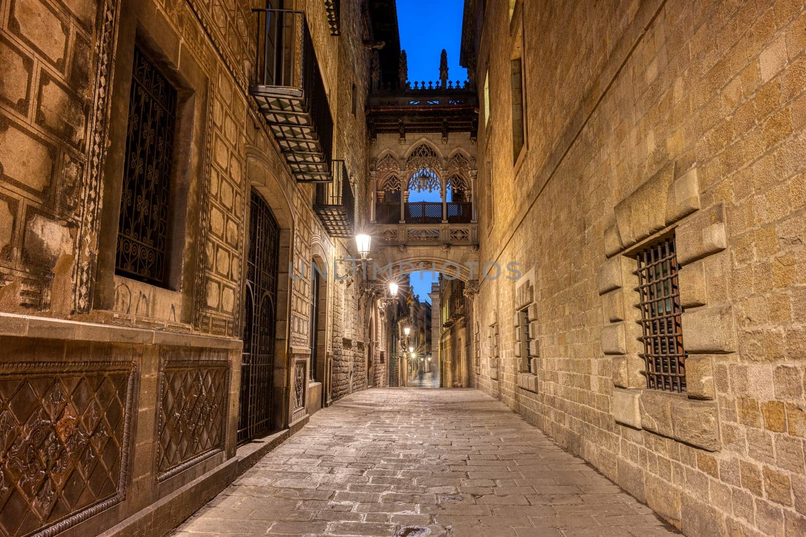 Small alley in the Gothic Quarter in Barcelona at night with the Pont del Bisbe