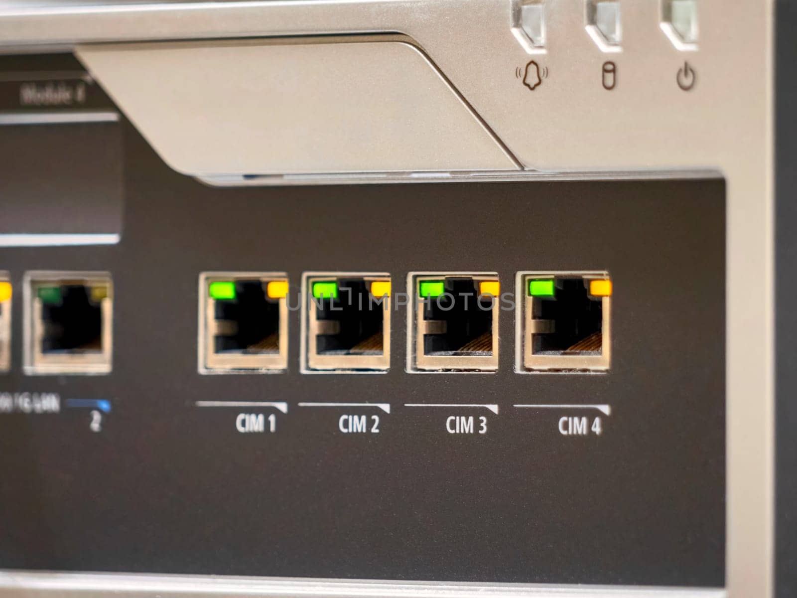 Ethernet ports of communication equipment in a test mode with lights turned on