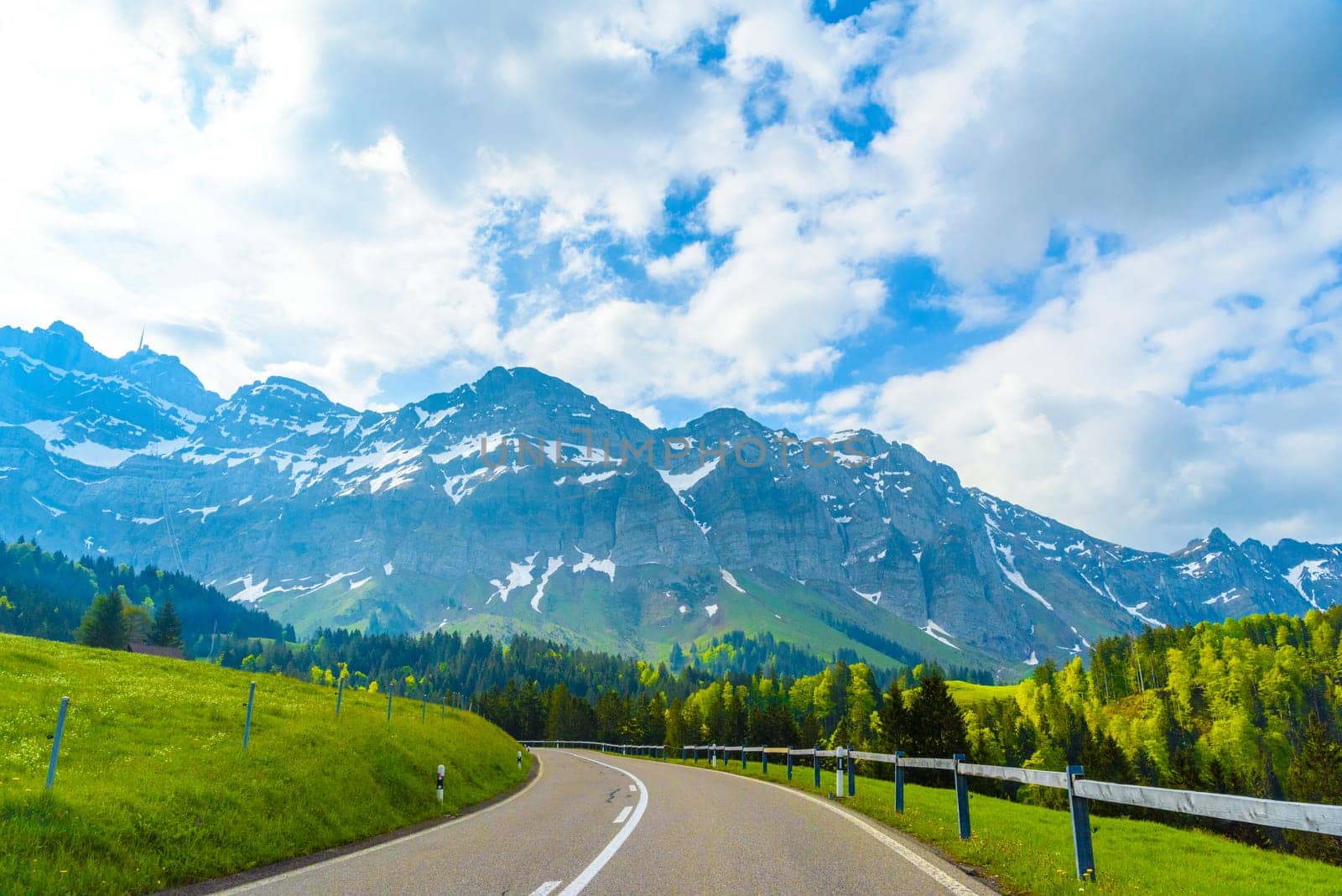 Road with snowy alps mountains, Schoenengrund, Hinterland, Appenzell Ausserrhoden Switzerland by Eagle2308