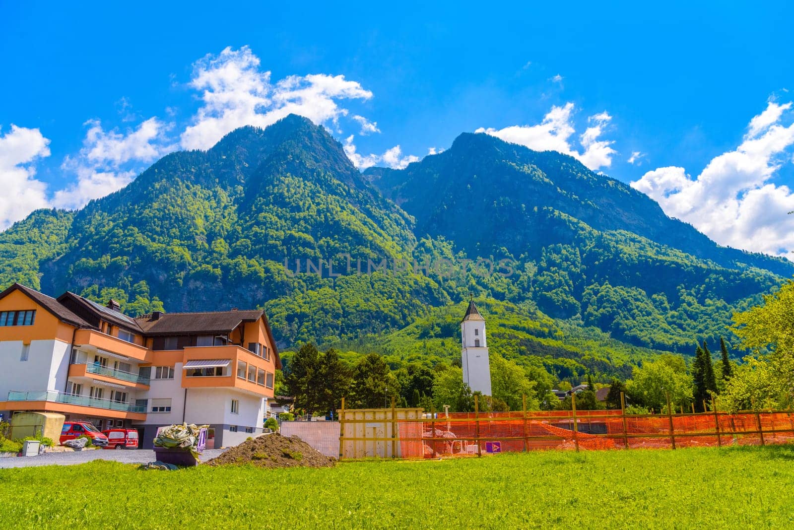 Houses near the mountains in Vaduz, Oberland Liechtenstein.