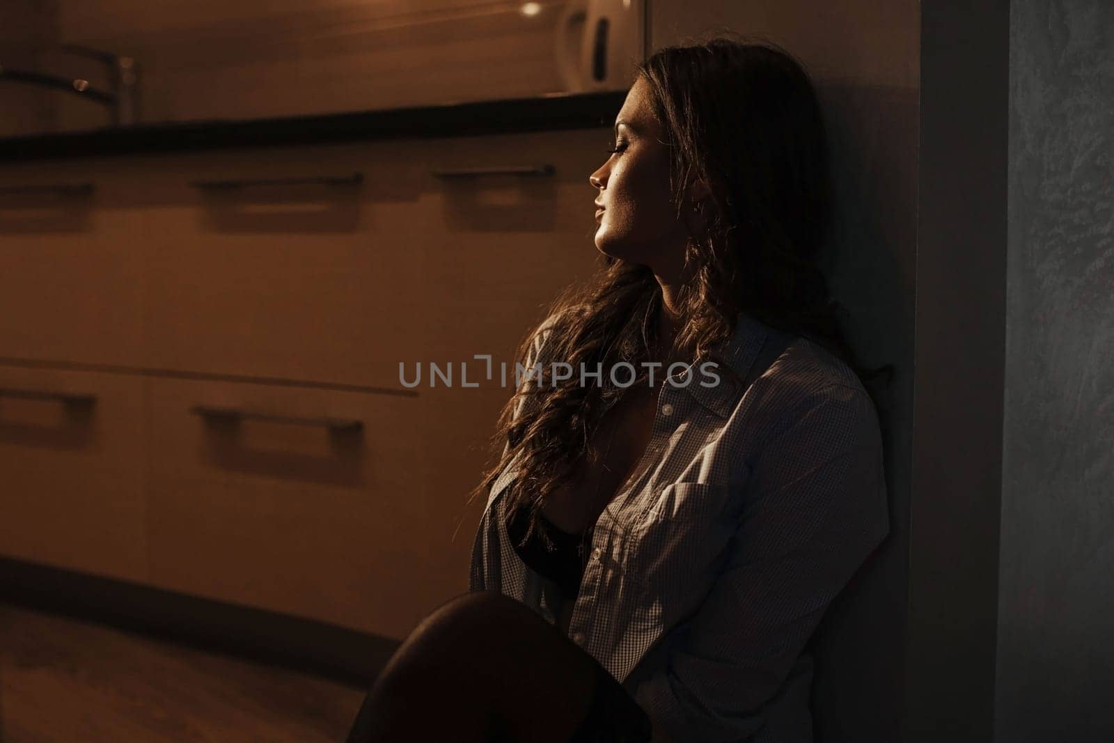gentle portrait of a sexy woman in a man's shirt and underwear.