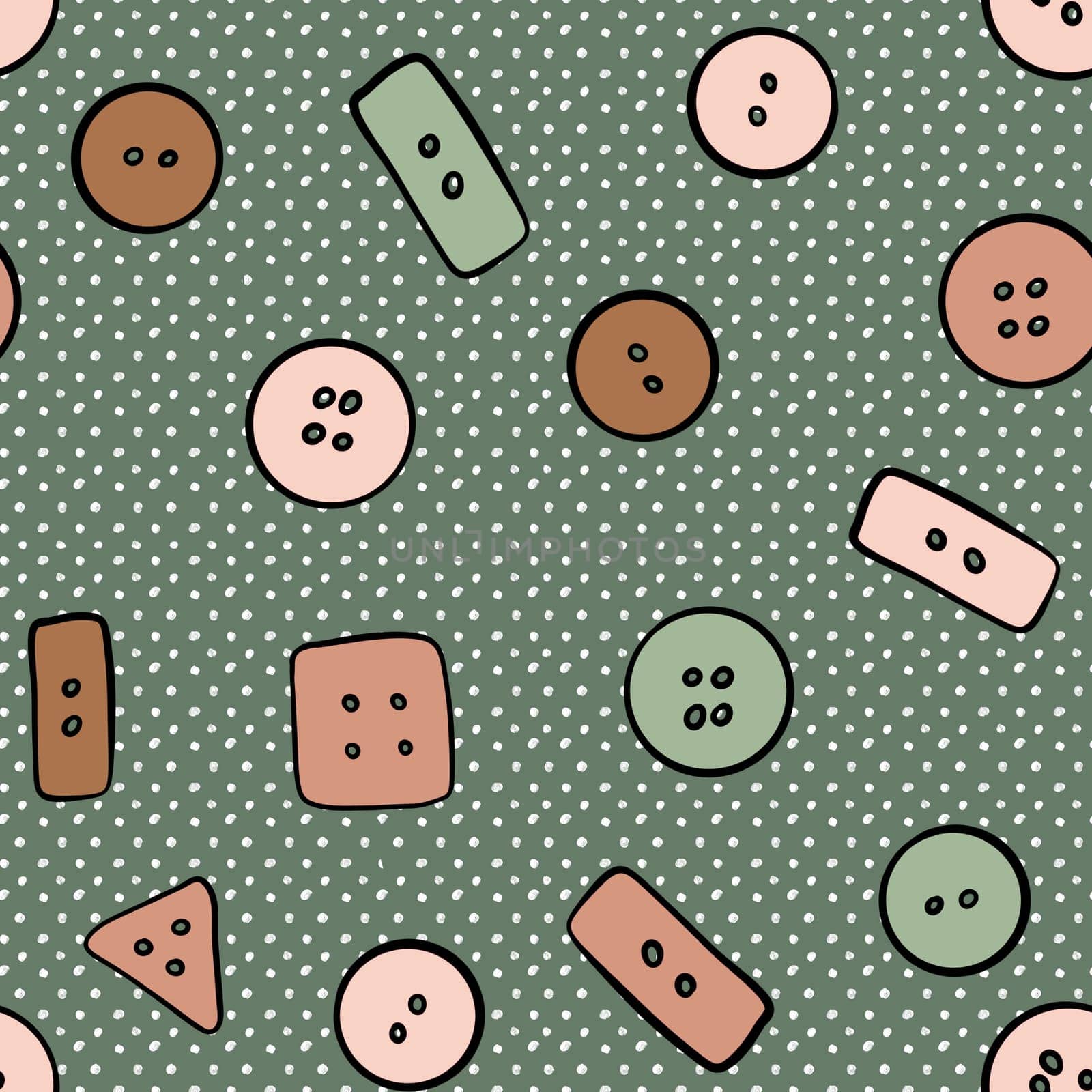 Hand drawn seamless pattern with tbeige brown button sewing crafts dressmaking items. Sage green neutral polka dot background, tailor cute sew print, handmade needwork business hobby, fabric for dresses. by Lagmar