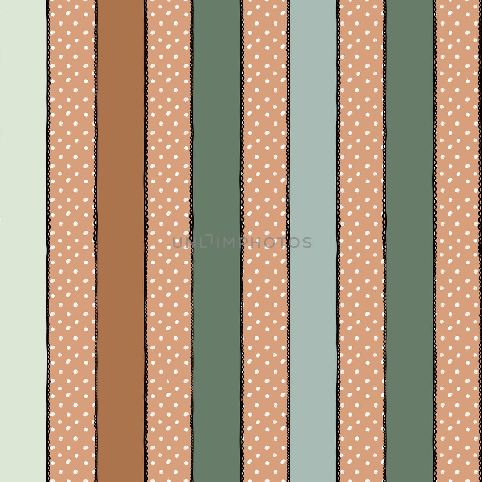 Hand drawn sealess pattern with neutral beige brown sage green lace stripes. Pastel striped abstract geometric print, faded colors for textile wrapping paper wallpaper, retro vintage design