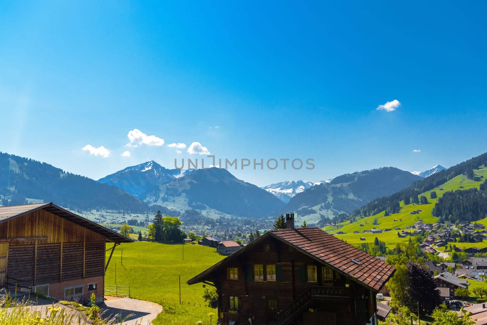 Houses and green meadows, Gruyere, Fribourg Switzerland.