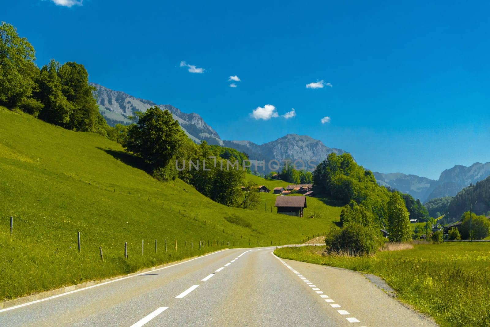 Road in the village Darstetten in Frutigen-Niedersimmental, Bern, Switzerland.