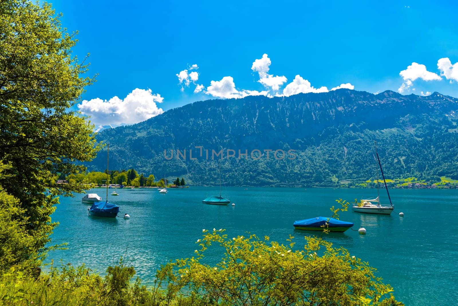 Boats and mountains on the Lake Thun, Thunersee Bern Switzerland.