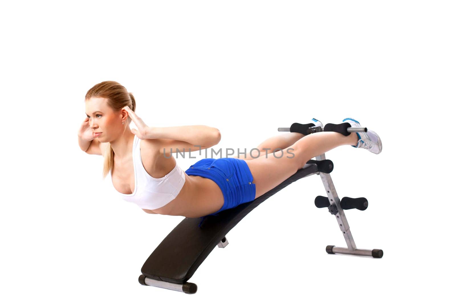 Beautiful woman doing strength training, isolated on white