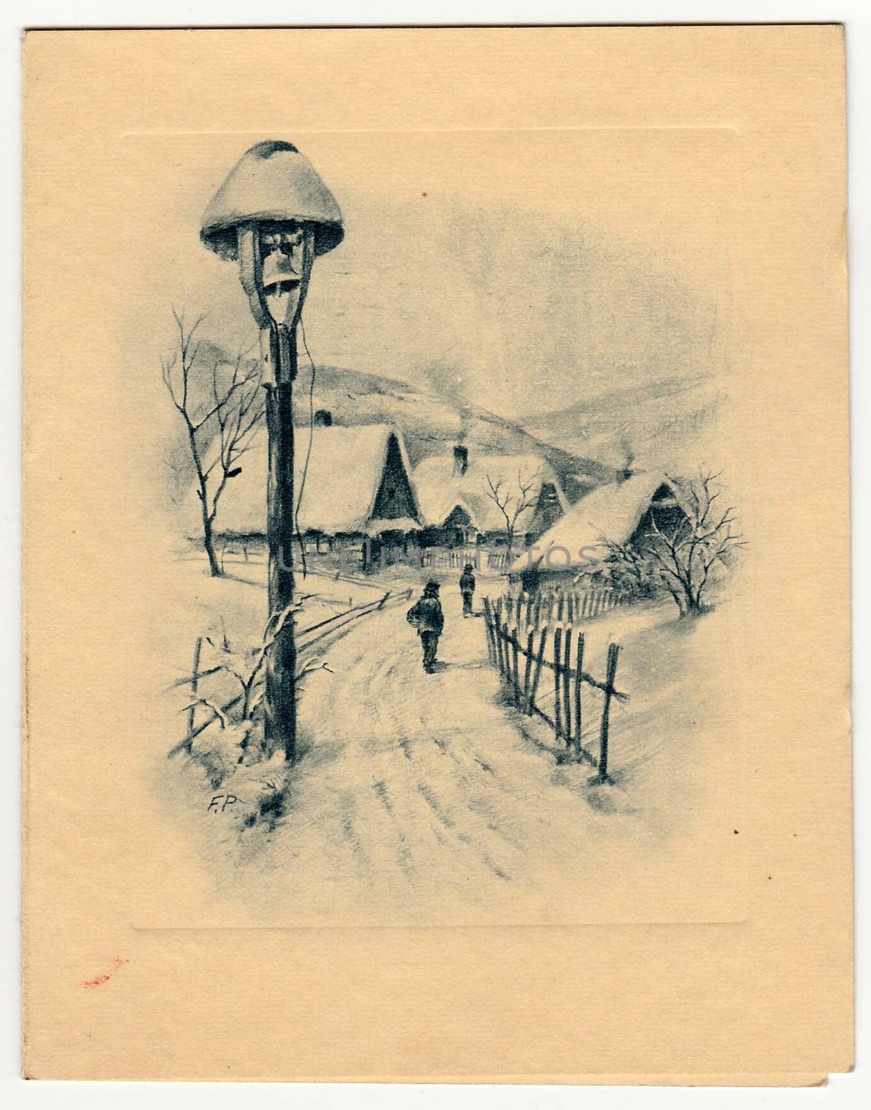 Vintage postcards shows countryside in winter time. by roman_nerud