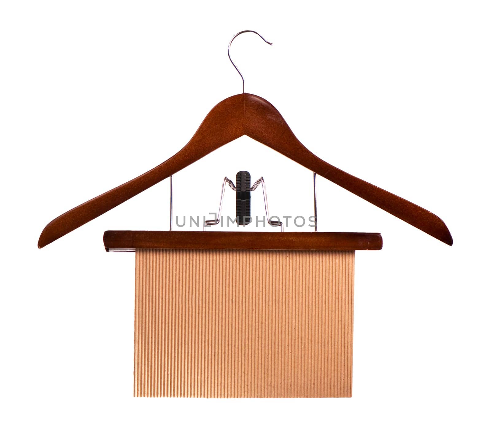 clothes hangers on a white background. Empty paper form and wooden hanger on a white background. Planck fit for promotional information by aprilphoto