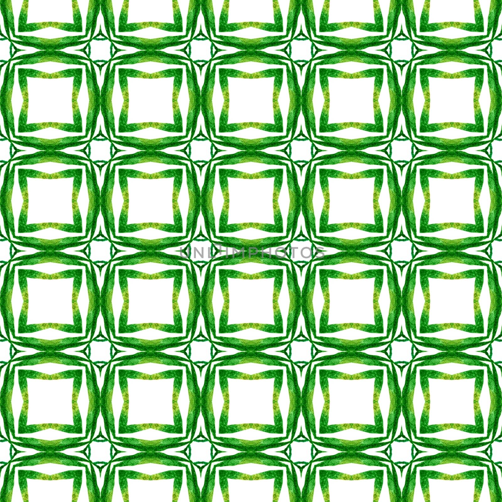 Textile ready pleasant print, swimwear fabric, wallpaper, wrapping. Green quaint boho chic summer design. Watercolor ikat repeating tile border. Ikat repeating swimwear design.