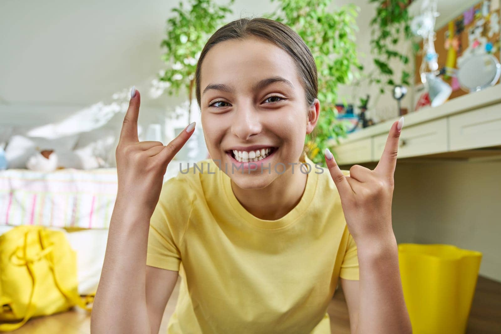 Teenage female student having video conference chat call. Talking female teenager looking at webcam. Young vlogger recording video content. Technology, telecommunications, adolescence, high school