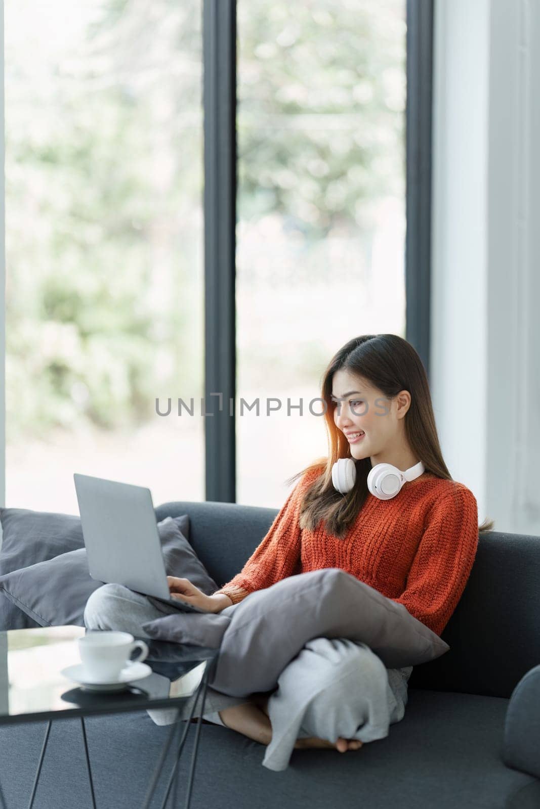 Beautiful Asian Woman relaxing at home and using laptop computer sitting on cozy sofa.