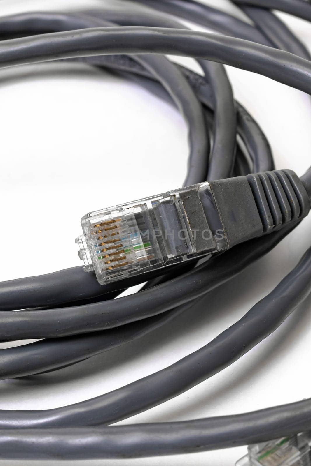 Gray cable for internet connection on a white background