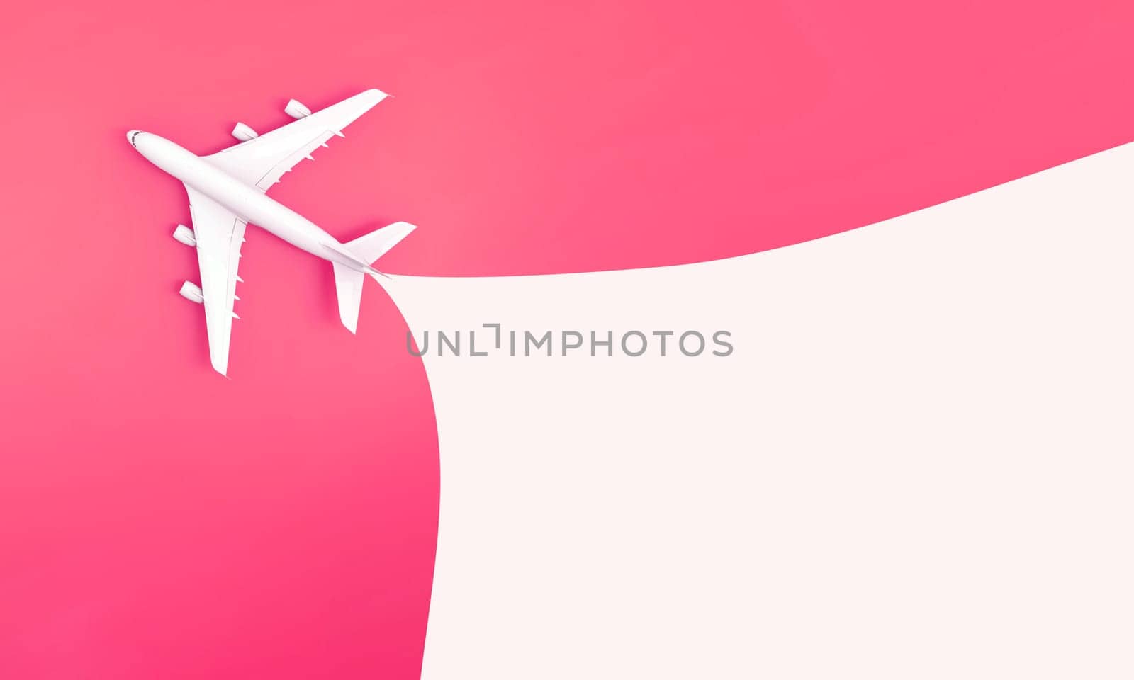 Air plane airplane trail on pink background. Flat lay design of tourism vacation concept. by ImagesRouges